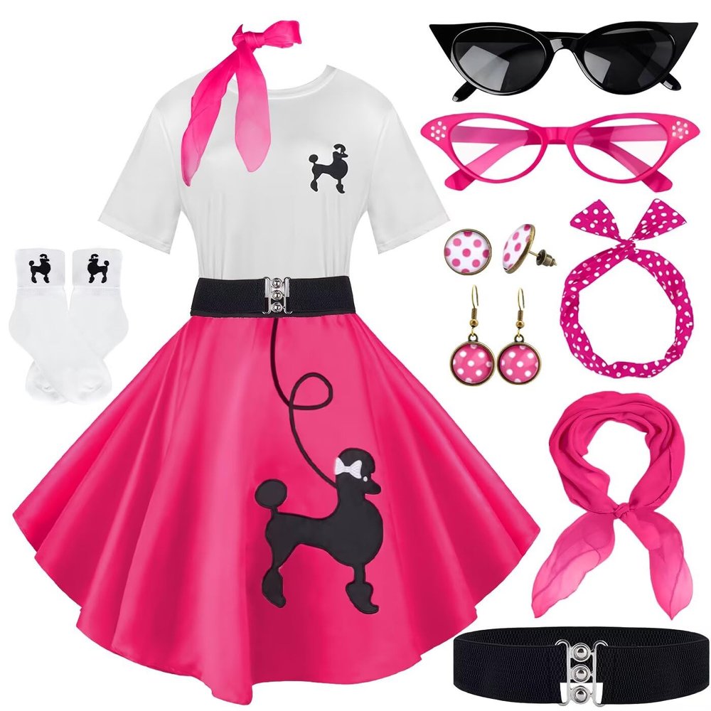 10Pcs Sock Hop Outfits Costume Women, 1950s Poodle Skirts, Poodle T-Shirt with 50s Accessories Set Scarf Headband Belt Socks Eyeglasses Earrings (Hot Pink-XL)