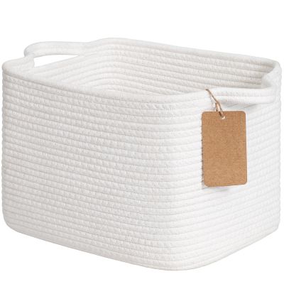 Goodpick Rope Basket, Storage Baskets for Organizing, Rectangle Baby Nursery basket with Handles, Small Woven Basket for Shelves, Living Room, 13 x 10 x 9 Inches, White