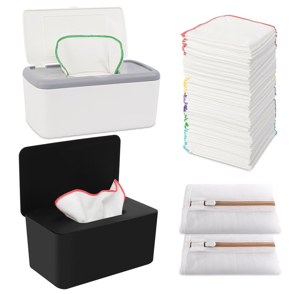 108 Packs Flannel Reusable Baby Wipes Cloth Wipes with Black Upgraded Wipes Dispenser, Soft & Natural Skin Friendly Cloth Wipes, Body Face Hand Washcloth Essential for Cloth Diapers