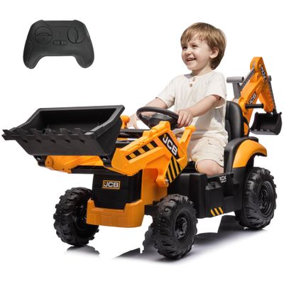 24V JCB Ride On Excavator, Construction Electric Vehicle for Kids 3-8 with Tractor, Bulldozer, Digging Arm, Remote Control, Adjustable Speeds, Yellow