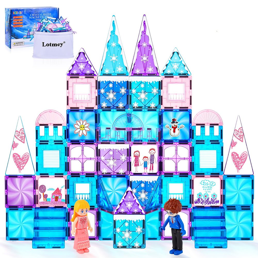 Diamond Magnetic Tiles Set 145PCS with Magnetic Doodle Kit, 3D Blocks Magnet Toys for Girls 3 4-7,8-12, Stem Toys Princess Castle Include 2 Stairs 2 Dolls Decals Stickers,3 4 5 6 7 8+ Girls Xmas Gift
