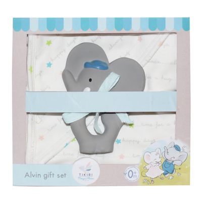 Tikiri 8578739 Alvin Gift Set with Natural Rubber Rattle and Comforter for Babies and Children from 0+ Months, Baby Rattle, Bath Toy