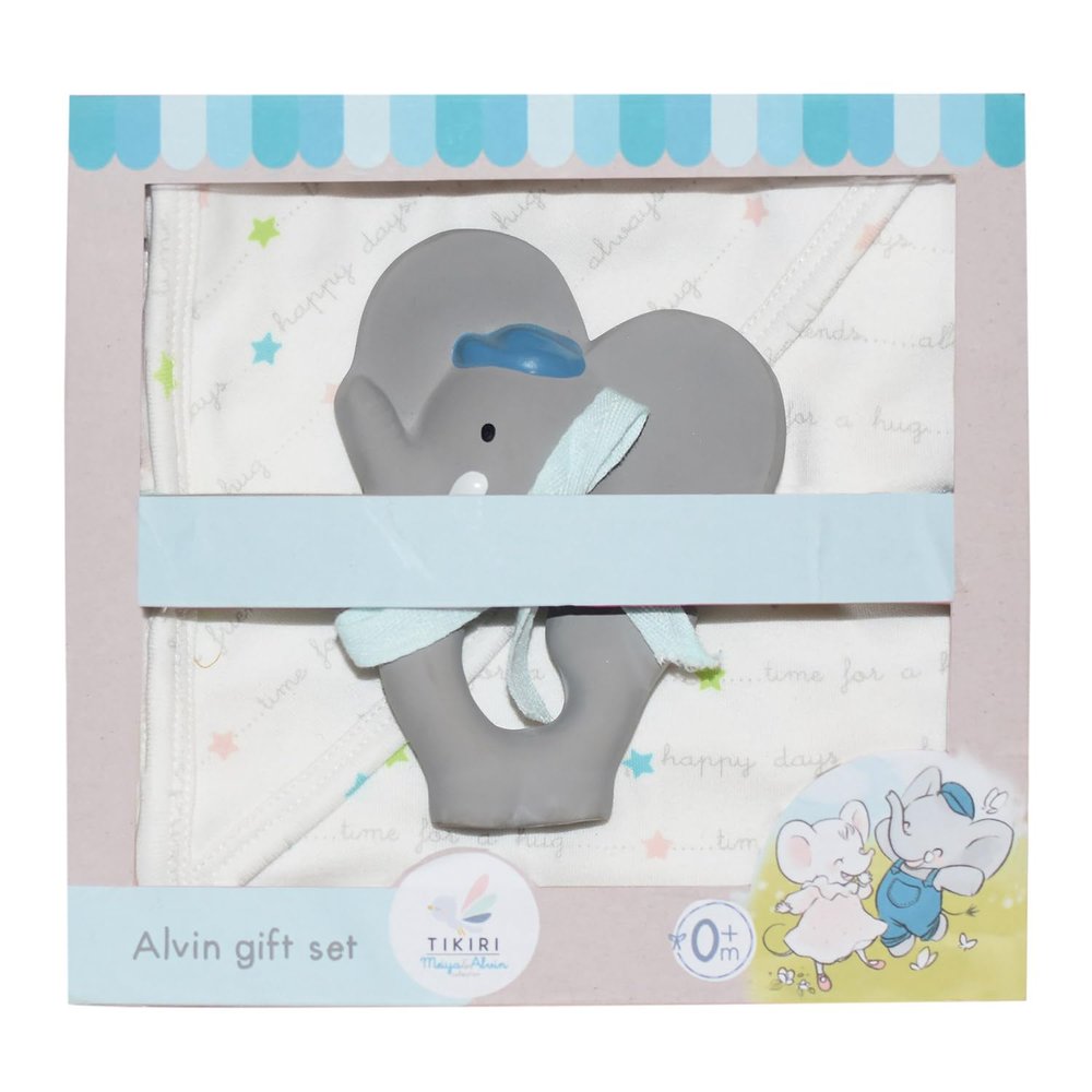 Tikiri 8578739 Alvin Gift Set with Natural Rubber Rattle and Comforter for Babies and Children from 0+ Months, Baby Rattle, Bath Toy