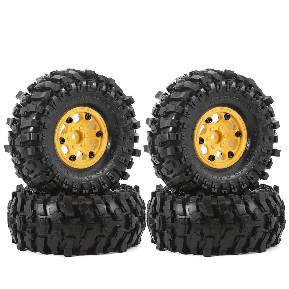 Dantenron 1.9 Rock Crawler Mud Tires And Plastic Wheels Rims OD 118mm 1/10 RC Rubber Grappler hubs Tyres With Foam For 1:10 Crawler Car Tamiya CC01 Traxxas TRX4 Axial SCX10 II RC4WD Gen8 4PCS (Yellow)