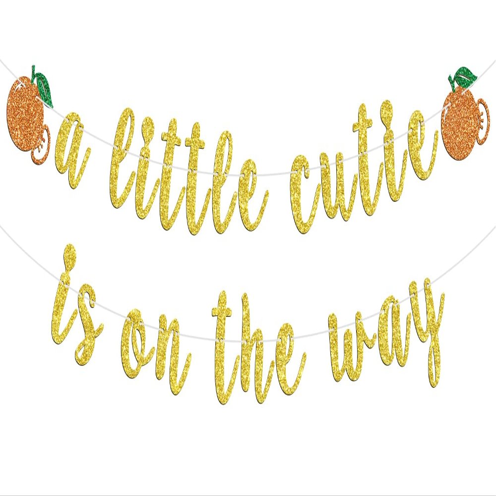 A Little Cutie is on the Way Banner, Little Cutie Baby Shower, Orange Theme First Birthday/Anniversary Party Decorations Supplies, Gold Glitter