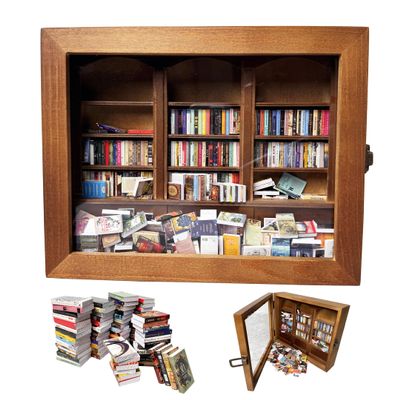 relutter Anxiety Bookshelf Miniature Library,Come with 260 Mini Books,Shake Your Anxiety Away,Book Room Living Room Decorations,for Everyone Who Loves Books
