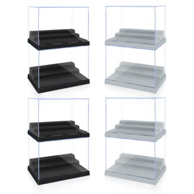 8 Pack Display Case for Minifigure Action Figures Blocks, Clear Acrylic Minifigure Display Case Box Storage with 3 Movable Steps (4Black+4Gray)