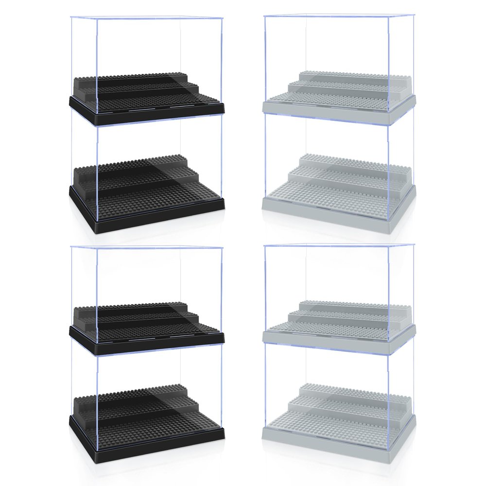 8 Pack Display Case for Minifigure Action Figures Blocks, Clear Acrylic Minifigure Display Case Box Storage with 3 Movable Steps (4Black+4Gray)