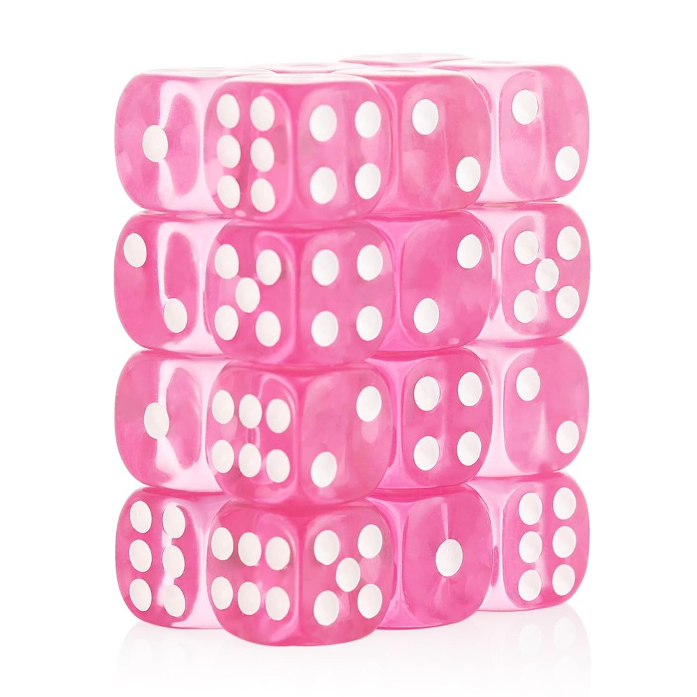 24 of Pack 16MM 6 Sided Dice Set,Translucent Colors D6 Game Dice Set, 6 Sided Standard Dices for Yahtzee, Bunco or Teaching Math,with Portable Dice Pouch(Pink)