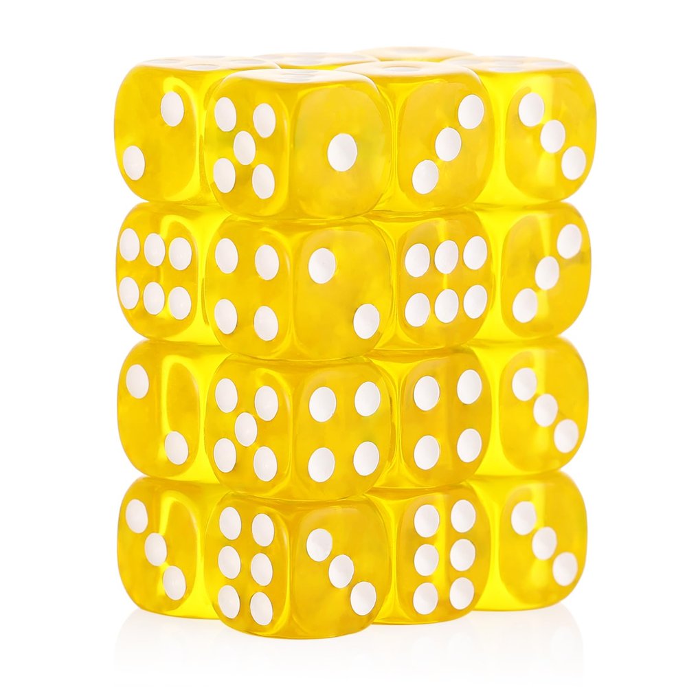 24 of Pack 16MM 6 Sided Dice Set,Translucent Colors D6 Game Dice Set, 6 Sided Standard Dices for Yahtzee, Bunco or Teaching Math,with Portable Dice Pouch(Yellow)
