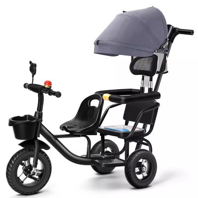 JIYIAN Kids Baby Twin Tricycle Withtwo-Seat Trolley Sunshade Bicycle Stroller Tricycle for Twins 3 Wheels Baby Toy,Black,Style 3
