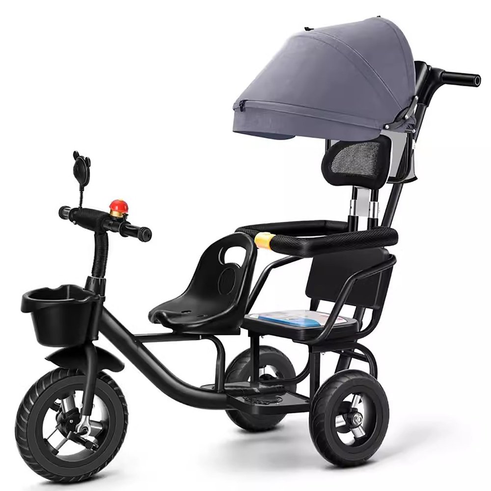 JIYIAN Kids Baby Twin Tricycle Withtwo-Seat Trolley Sunshade Bicycle Stroller Tricycle for Twins 3 Wheels Baby Toy,Black,Style 3