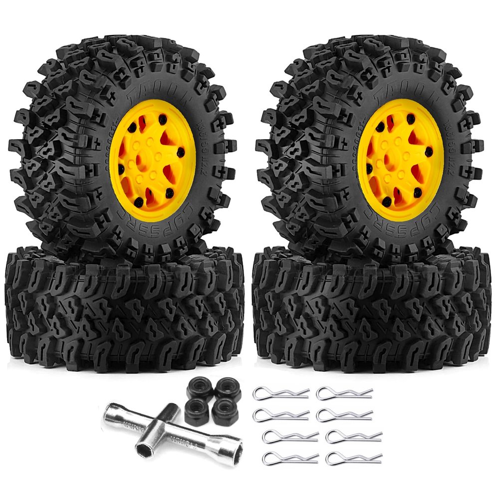 2.2 beadlock Wheels and Tires Set Off Road ClimbingPlastic Wheels and with Sponge InsertsAll Terrain Tires.for 1:10 Scale Rock Crawler Car Axial SCX10 90047 D90 TF2 Tamiya CC01 TRX4 4pcs (Yellow)