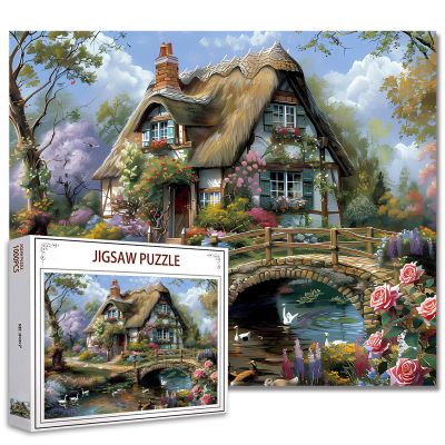 1000 Piece Jigsaw Puzzles for Adults Cabin Scenery Painting Jigsaw Puzzle Flowers 1000 Pieces Puzzles Bridge River Flowers House Wall Decor DIY Craft Puzzle Vintage Thatched Cottage Art