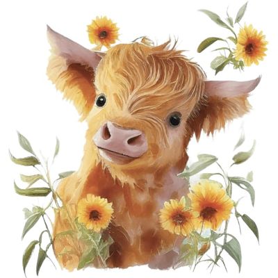 Cow with Sunflowers Fabric Square Quilt Block Panel for Sewing Quilting Crafting HCFP74966 (8x8 inches)