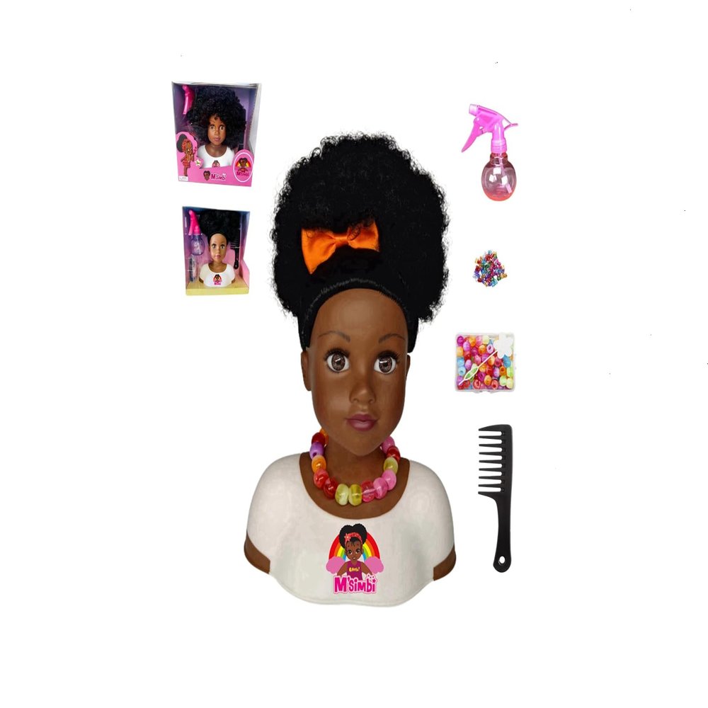 Black African Brown Styling Head Dolls with Curly Afro Hair and 5 Accessories, for Kids, Kids Toys for Ages 3 Up (Msimbi 01, 11 inch)