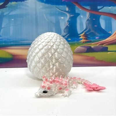 Baby Dragons with Dragon Egg, 3D Printed Articulated Cherry Blossom Baby Dragon, Fidget Toy for Autism ADHD, Executive DEST Toy, BD004 (White & Pink)