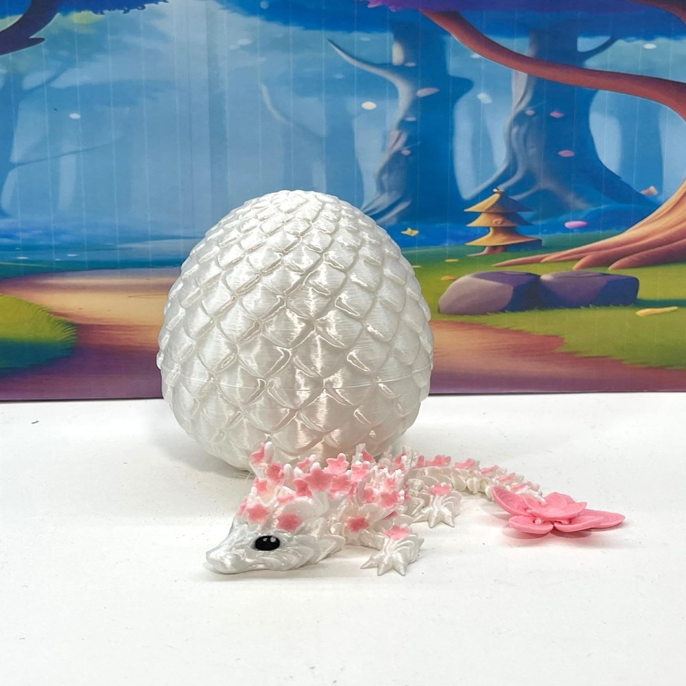 Baby Dragons with Dragon Egg, 3D Printed Articulated Cherry Blossom Baby Dragon, Fidget Toy for Autism ADHD, Executive DEST Toy, BD004 (White & Pink)
