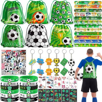122Pcs Soccer Party Favors: Soccer Goodie Bags for boys Includes 12Pcs 13 x 11 Inch Soccer Drawstring Bags Slap Silicone Bracelet Keychain Tattoo Stickers for Soccer Party Decorations Supplies