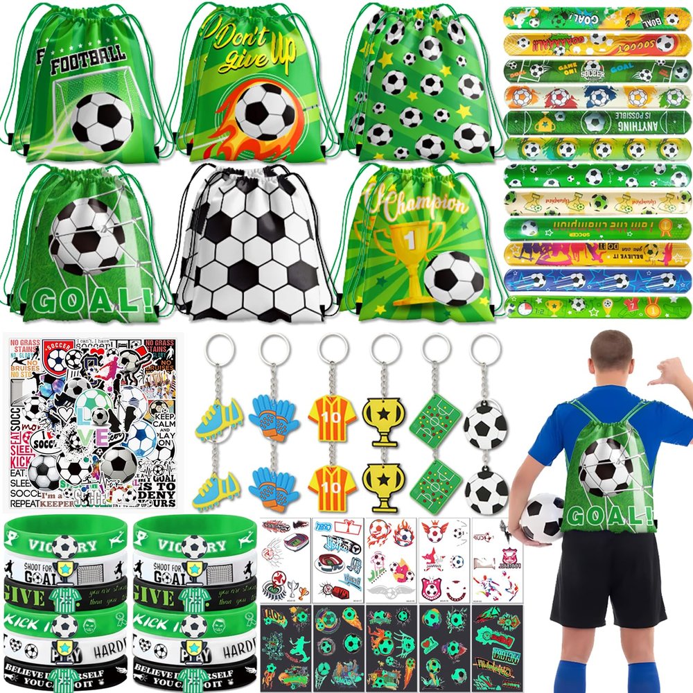 122Pcs Soccer Party Favors: Soccer Goodie Bags for boys Includes 12Pcs 13 x 11 Inch Soccer Drawstring Bags Slap Silicone Bracelet Keychain Tattoo Stickers for Soccer Party Decorations Supplies