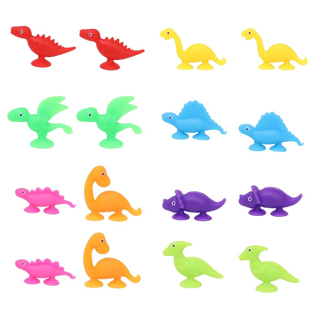 16 PCS Suction Cup Toys No Hole Bathtub Shower Toy Party Favor for Kids ,Dinosaur Silicone Sucker Toys Travel Window Toy for Toddlers Boys Girls