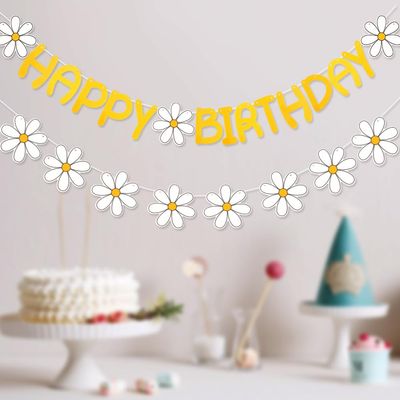2Pcs Daisy Happy Birthday Banner Daisy Garland for Decoration Daisy Groovy Boho Party Banners Floral Banner Paper Flower Garland Hippie Daisy Birthday Party Decorations Groovy Decor Party Supplies