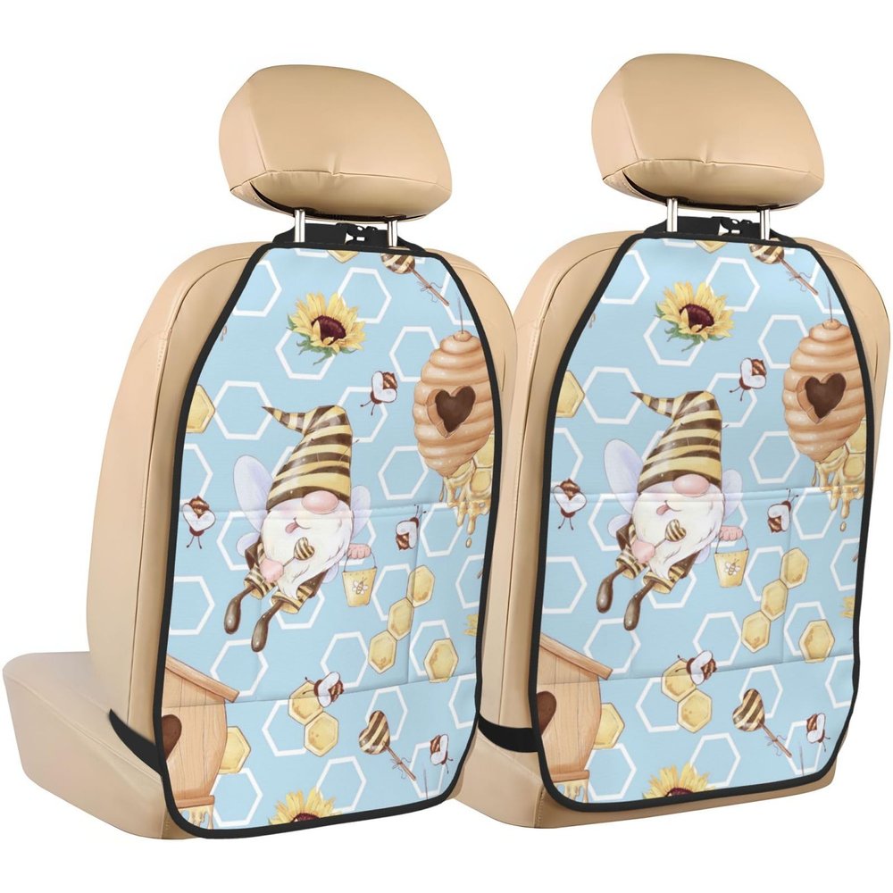 Xiso Ver Car Kick Mats for Kids Back Seat Cover(2 Pk) Seat Back Protector from Scratches and Dirt-Cute Gnome Bee Collects Honey