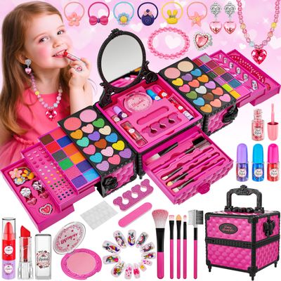 99 Pcs Kids Makeup Kit for Girls, Princess Toys Real Washable Cosmetics Set with Mirror,Rings, Necklace, Perfect for 3 4 5 6 7 8 Year Old Girls Birthday