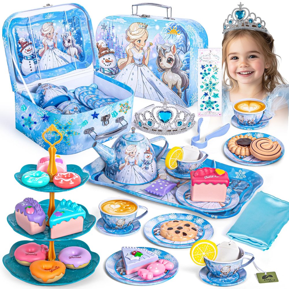 Hohosunlar Tea Party Set for Little Girls Toys, Princess Tin Tea Set for Kids with Teapot, Tea Cups, Play Food Dessert, Jewelry & Carrying Case, Christmas Birthday Gift for Girls 3 4 5 6 7 8 Year Old
