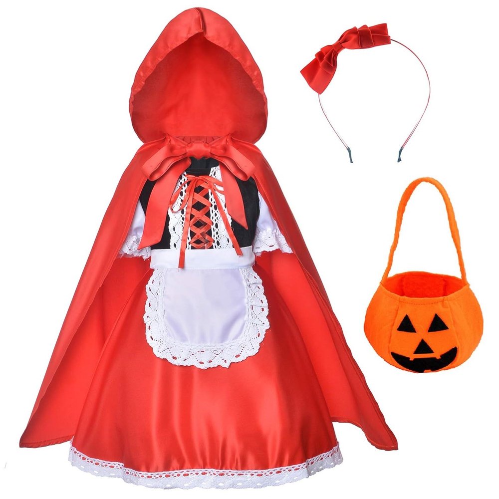 AIMAOMI Little Red Riding Hood Dress Christmas Cosplay Costumes For Girls With Cloak Headband Bag Com Festival Outfit (Red, 14-15 Years)