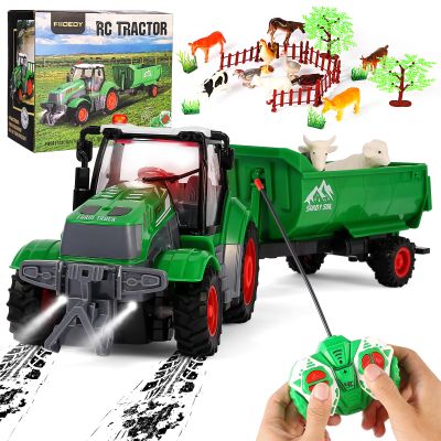 FIIOEOY Remote Control Tractor Toys, RC Tractor Set with Trailer/Farm Animals/Fences/Light, Farm Vehicle Toys for 3-7 Year Old Boys Kids Toddlers Birthday Gifts