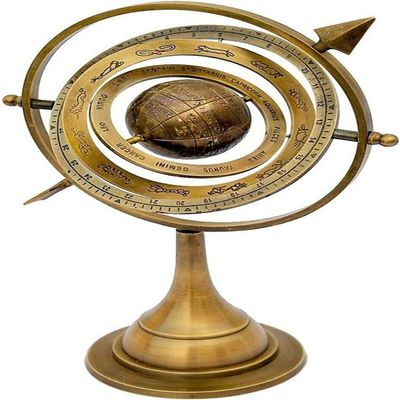 Antique Brass Armillary Sphere with Sundial Arrow, 11 inches, Nautical Maritime Astrolabe Engraved Globe, Astronomical Orb Sculpture