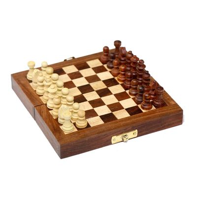 ARUX Handicrafts Travel Size/Pocket Size Wooden Foldable Chess Board with 32 Non Magnetic Piece for Home and Travel Mind Game Inbuilt Storage Compatment for Chessmen(Brown) (6 * 6 Inch)