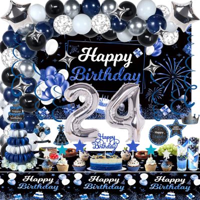 Miidenks 24th Birthday Decorations Set for Men, Navy Blue Silver Black Party Decorations with Birthday Backdrop Banner, Tablecloth, 24 Number Balloons