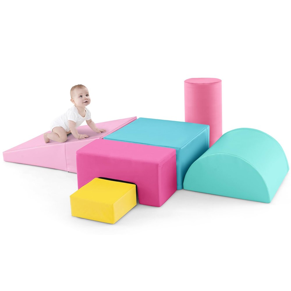 Costzon Toddler Climbing, 6 Pieces Climb and Crawl Playset with PU Cover for Baby Crawling, Climbing & Walking, Indoor Foam Climbing Blocks for Toddlers (Pink)