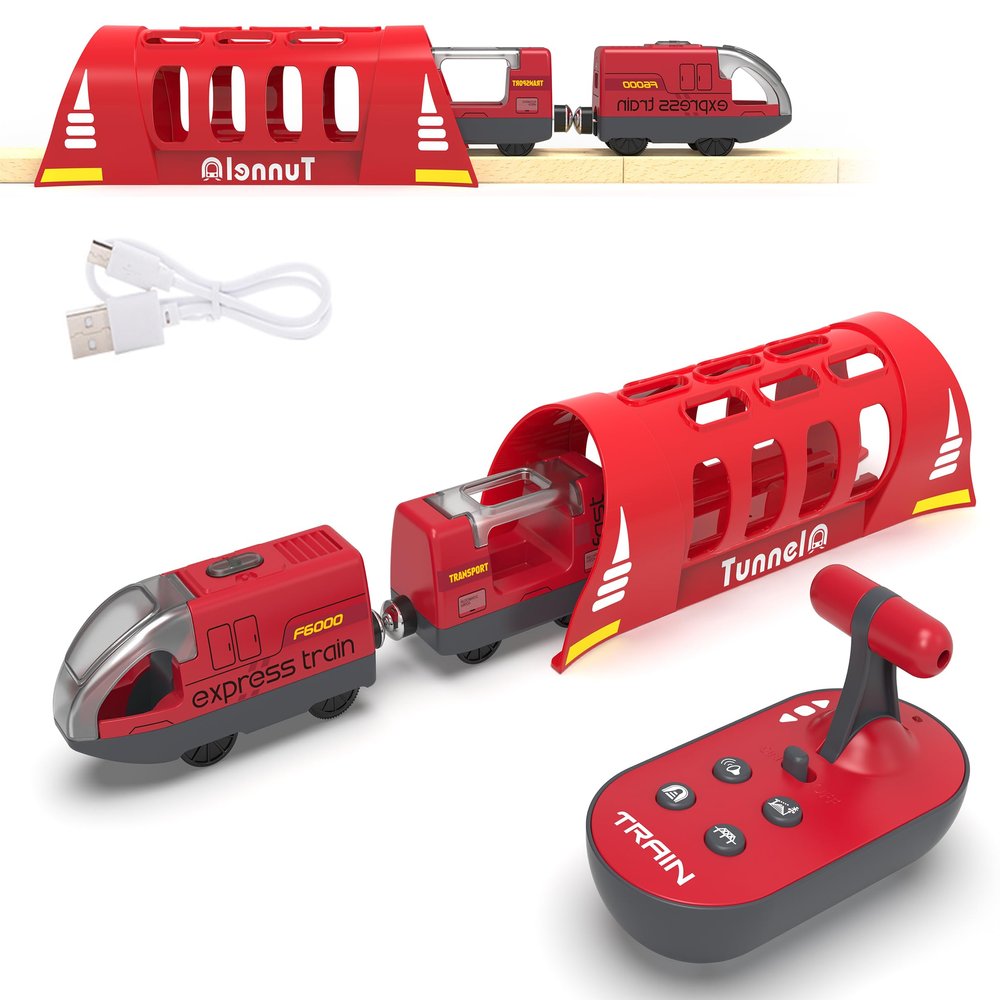 Toy Train Set Remote Control Locomotive Trains, Motorized Train for Wooden Track, Electric Train and Tunnel with Sound & Lighting Effect, Magnetic Trains Compatible with Thomas, Brio, Chuggington
