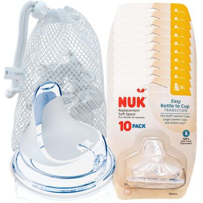 BityBean - NUK Nipple Replacement Spouts, Clear Silicone, Pack of 10 with Dishwasher Safe Mesh Bag - Fits NUK Bottle (10)