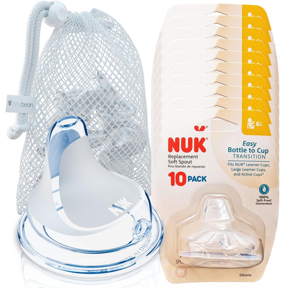 BityBean - NUK Nipple Replacement Spouts, Clear Silicone, Pack of 10 with Dishwasher Safe Mesh Bag - Fits NUK Bottle (10)