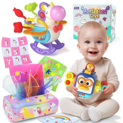 usrela 3 in1 Baby Toys 12 to 18 Months - Busy Board Sensory Toys, Tissue Box Toy, Pull String Teether, Learning Toy for Babies, Infant Gifts for 12 18 Months Old