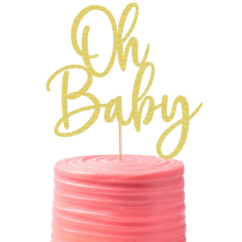 10PCS Oh Baby Cake Topper, Large Gold Glitter Birthday Cake Decoration Supplies, for Baby Shower, Gender Reveal Party, Baby Party, Birthday Party