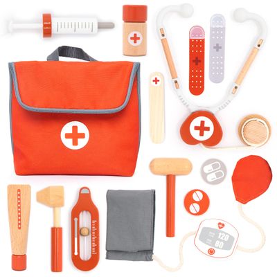 UMU Wooden Mini Doctor Kit for Kids 14 pcs Medical Playset for Toddlers with Stethoscope, Syringe, Doctor Bag, Blood Pressure Cuff & More Pretend Play Set for Boys and Girls Ages 3 4 5 6