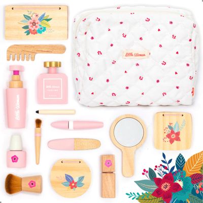 UMU Wooden Pretend Makeup Kit for Toddlers Realistic Toy Beauty Set for Girls with Lipstick, Mirror, Perfume, Powder & Cosmetic Bag Play Makeup for Kids Ages 3 4 5 6