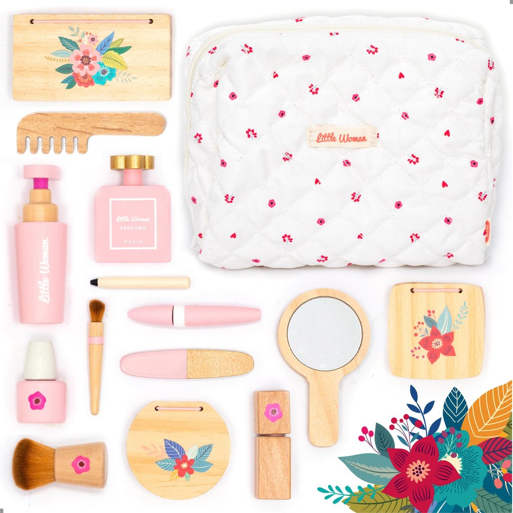 UMU Wooden Pretend Makeup Kit for Toddlers Realistic Toy Beauty Set for Girls with Lipstick, Mirror, Perfume, Powder & Cosmetic Bag Play Makeup for Kids Ages 3 4 5 6