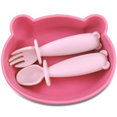 teensy peepsy Bear Silicone Baby Bowl Suction Baby Spoon and Fork for Babies 6 months+ Suction Bowls for Baby Utensils 6-12M+ BLW Essentials Must Haves (Hibiscus)