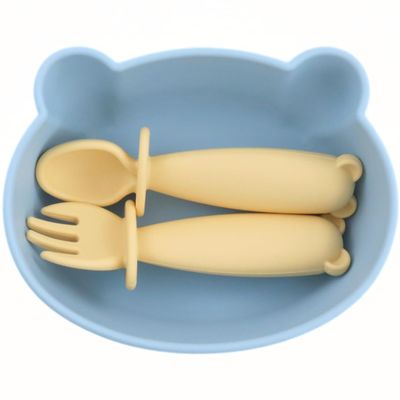 teensy peepsy Bear Silicone Baby Bowl Suction with Spoon and Fork for Babies 6 months+ Suction Bowls for Baby Utensils 6-12M+ BLW Baby Essentials Must Haves (Summer Sky)