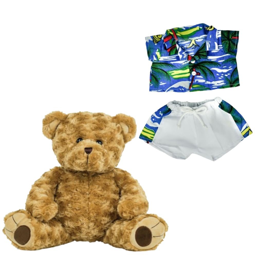 Twist Bear with Hawaiian Shirt & Shorts  Fits 14-18 Inch Stuffed Animals  Tropical Beach Outfit for Plush Bears, Build-A-Bear, Vermont Teddy Bear, and More  Ideal for Summer Playtime