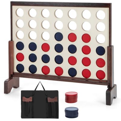 COSTWAY 4-in-a-Row Game Set w/ 42 Jumbo Rings & 600D Oxford Fabric Carrying Bag, One-Hand Release Lever, Wooden Line-up-4 Game for Camping, Parties & Gatherings (Brown)