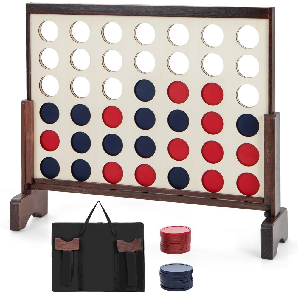 COSTWAY 4-in-a-Row Game Set w/ 42 Jumbo Rings & 600D Oxford Fabric Carrying Bag, One-Hand Release Lever, Wooden Line-up-4 Game for Camping, Parties & Gatherings (Brown)