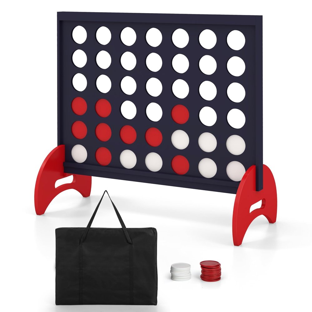 COSTWAY Giant 4-to-Score Game Set, 4-in-A-Row Game Set w/42 PCS Jumbo Rings & 600D Oxford Fabric Carrying Bag, One-Hand Release Lever, Line-up-4 Game for Kids, Adults Indoor & Outdoor Use (Blue)