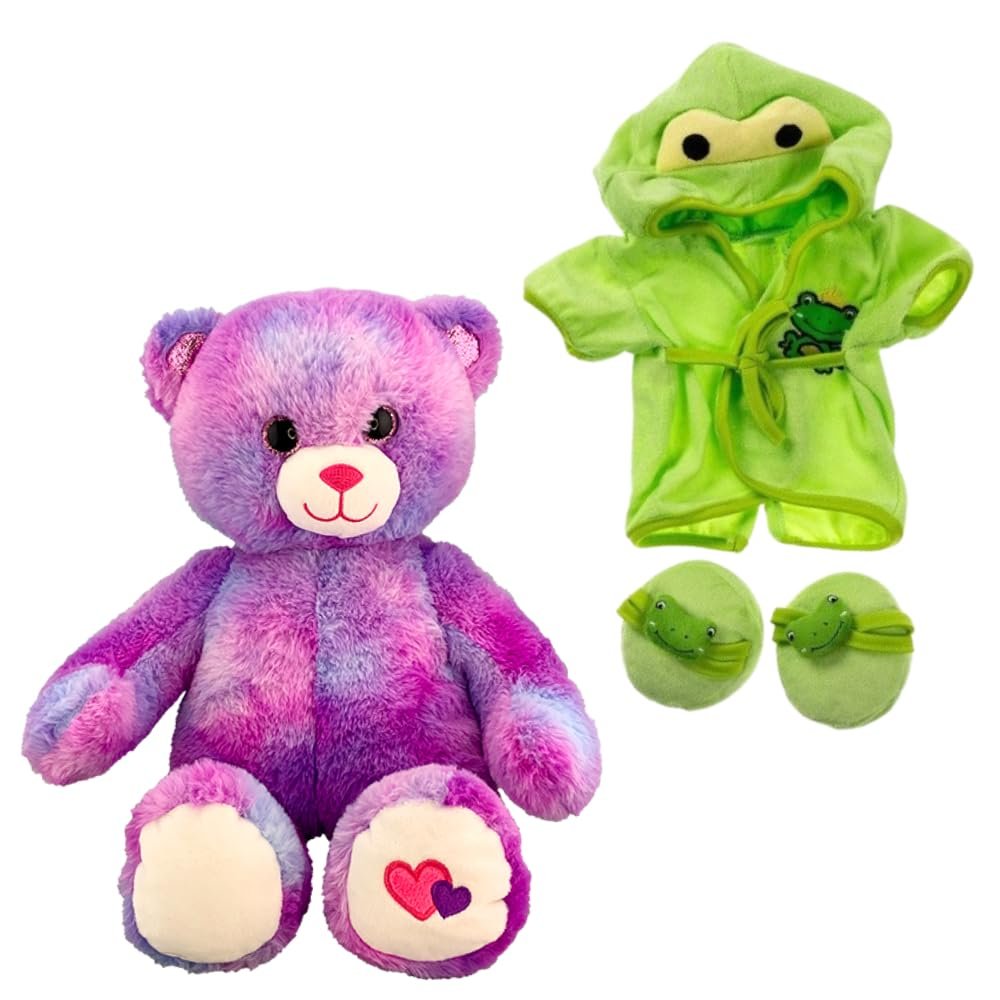 Amore The Bear with Frog Bathrobe & Slippers  Fits 14-18 Inch Stuffed Animals  Cute Outfit Set for Teddy Bears Dolls Plush Toys  Fun Dress Up Clothes for Stuffed Animal Accessories